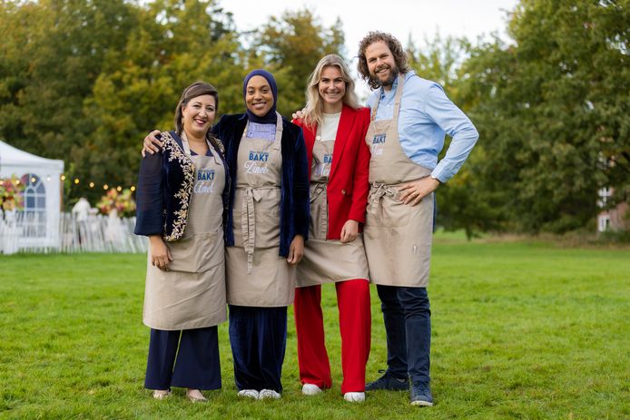 De finalisten van Heel Holland Bakt 2023; Amel, Zineb, Mercedes en Jan.