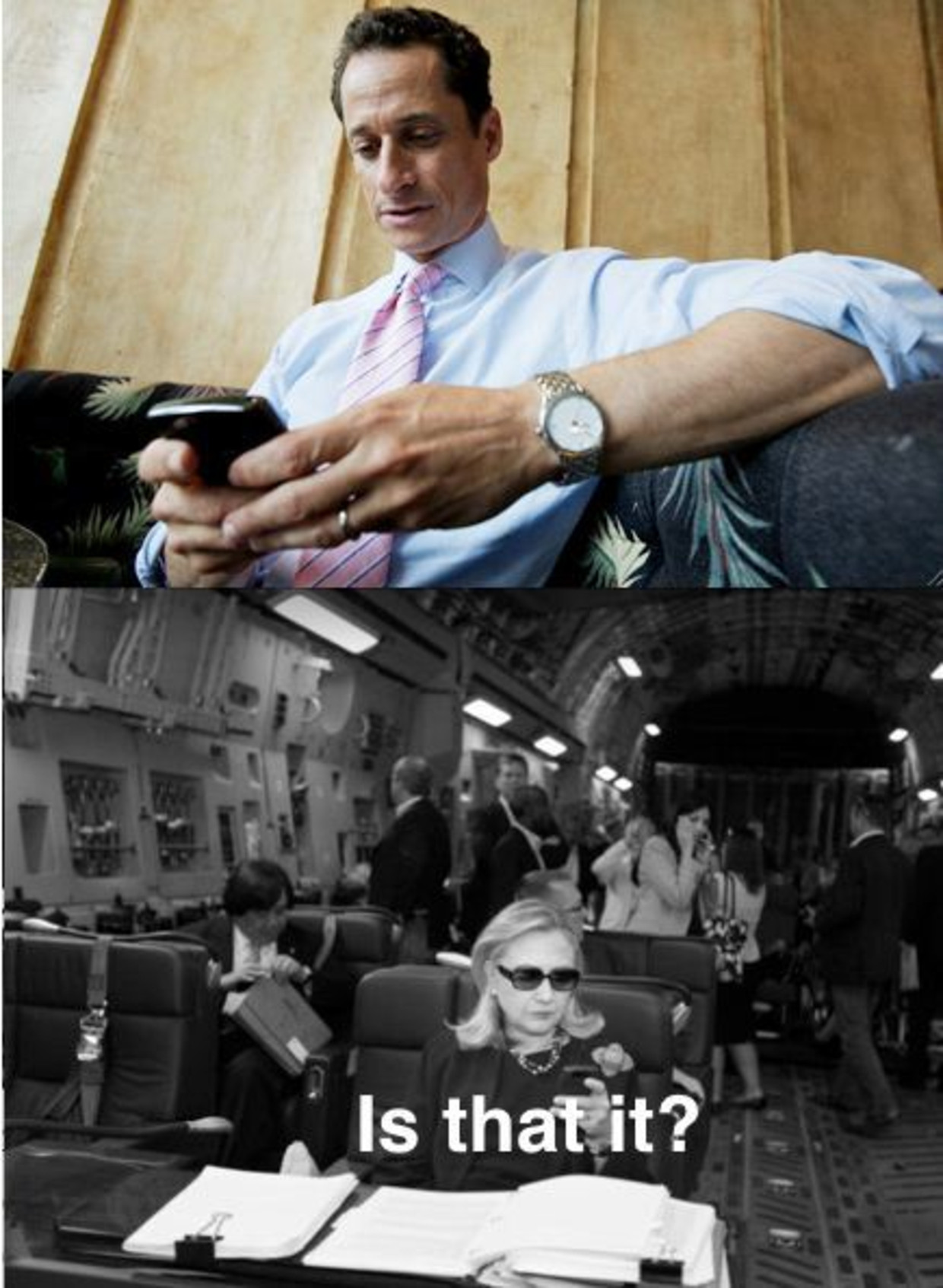 Een voorbeeld van Texts from Hillary. Anthony Weiner was lid van het Huis van Afgevaardigden voor de Democratische Partij, tot hij in mei 2011 per ongeluk een foto van zijn erectie in een onderbroek openbaar op Twitter plaatste. Beeld Texts from Hillary. 