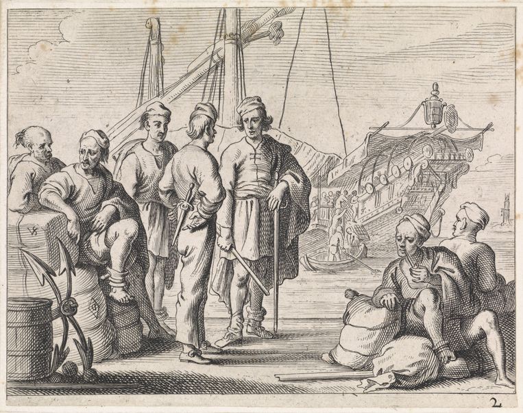 Galeislaven en zeelieden op een kade, ets en gravure van Cornelis de Wael uit 1647.  Beeld Cornelis de Wael / Rijksstudio