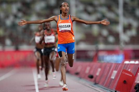 Sifan Hassan op de Olympische Spelen van Tokio, waar ze drie jaar geleden goud pakte op de 5000 en 10.000 meter. 