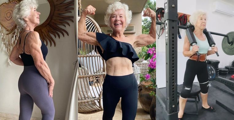 De 74-jarige Joan gooide haar levensstijl om en deelt nu fitnessvideo's en jaloersmakende voor- en nafoto's op Instagram Beeld @trainwithjoan