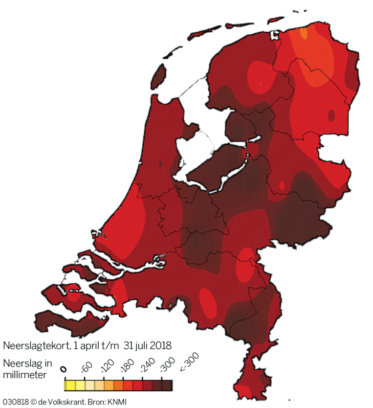 Neerslagtekort 1 april t/m 31 juli 2018. Beeld 