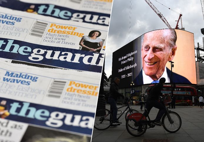Illustratiebeeld: de Britse krant 'The Guardian'/een beeld van prins Philip op een scherm aan Piccadilly Circus na zijn overlijden.