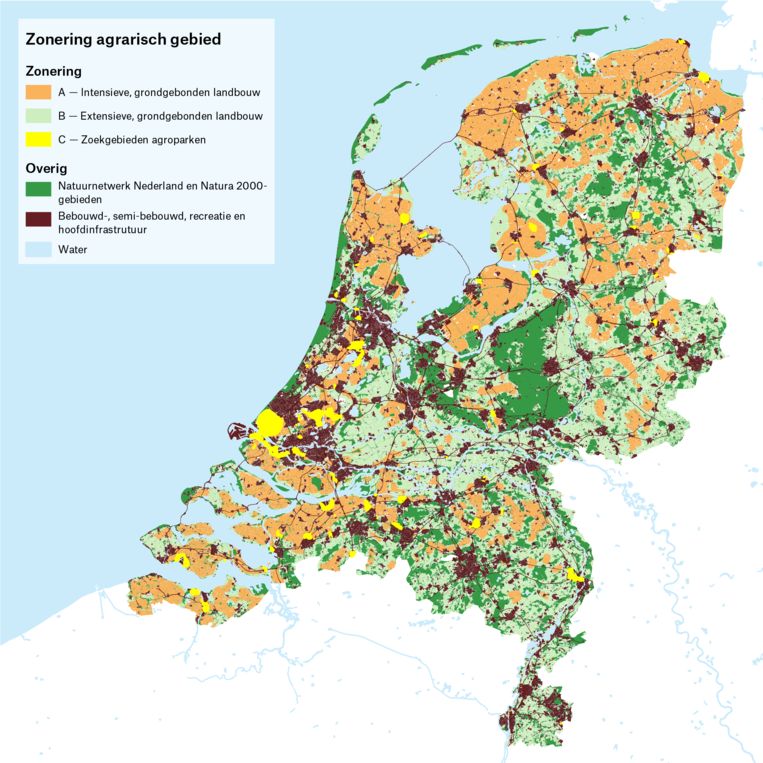 Zonering van Nederland in verschillende landbouwgebieden. Beeld Vereniging Deltametropool, op basis van analyse Martha Bakker en collega's.