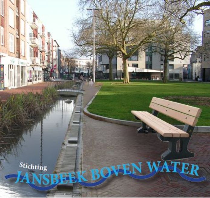 Artist impression van een mogelijke nieuwe situatie op het Gele Rijdersplein. Met de Jansbeek boven water.