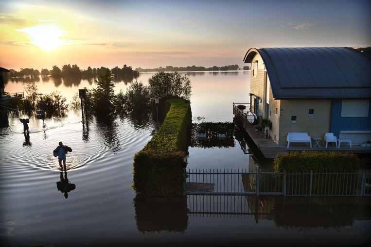 Amfibische woningen drijven door hoog water bij Maasbommel, 19 juli.
 Beeld Marcel van den Bergh / VK