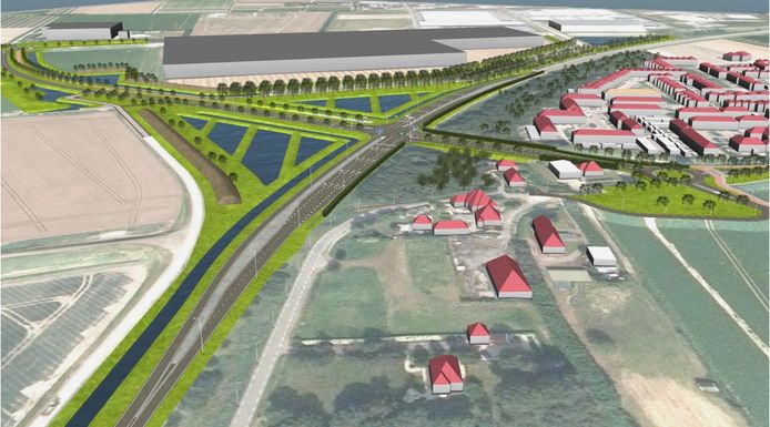Het nieuwe kruispunt, gezien richting het oosten. Rechts ligt Tholen, helemaal rechts op de voorgrond komt de nieuwe wijk Molenvliet. Linksachter het gebouw van DSV op bedrijventerrein Welgelegen.