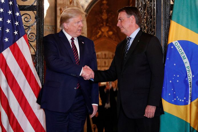 Trump en Bolsonaro zaterdag in Trumps buitenverblijf Mar-a-Lago in Florida.