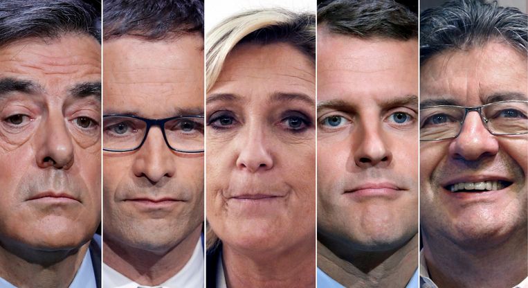 V.l.n.r. Francois Fillon, Benoit Hamon, Marine Le Pen, Emmanuel Macron en Jean-Luc Melenchon. Beeld REUTERS