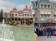 Links: een sfeerbeeld uit Disneyland Parijs. Rechts: honderden werknemers legden het werk neer.