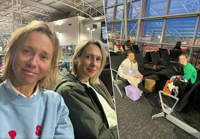 Tamara Severi (links) en goede vriendin An wachten op hun vlucht naar Marseille.