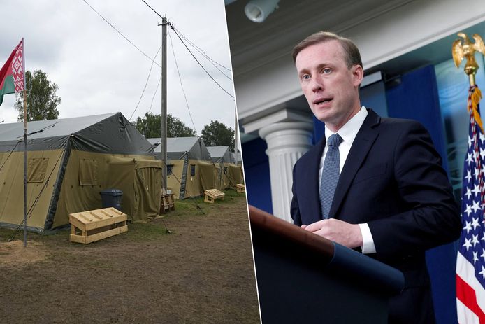 Links: Kamp in Wit-Rusland dat aan Wagner werd aangeboden. Rechts: Veiligheidsadviseur van het Witte Huis Jake Sullivan.