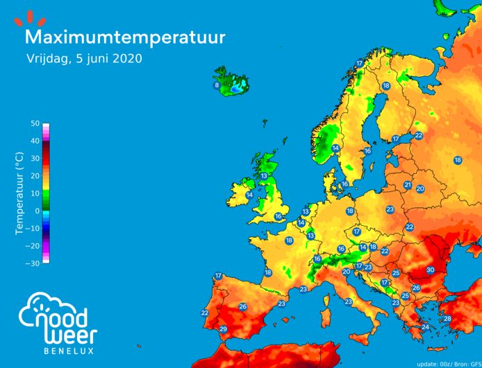 De maximumtemperaturen in Europa op vrijdag. (Bron: NoodweerBenelux)