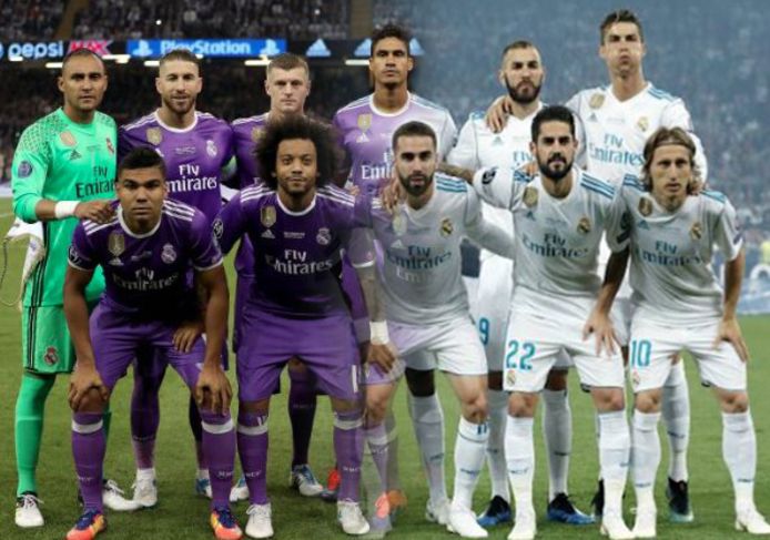 De elftallen van Real Madrid in de finales van 2017 en 2018, in elkaar overlopend