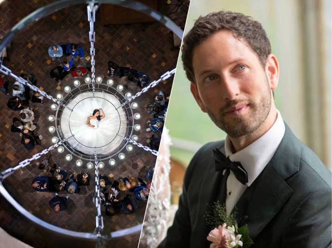 Hangend boven kroonluchter maakt Gabriël mooiste trouwfoto ter wereld: ‘Wachten werd beloond’