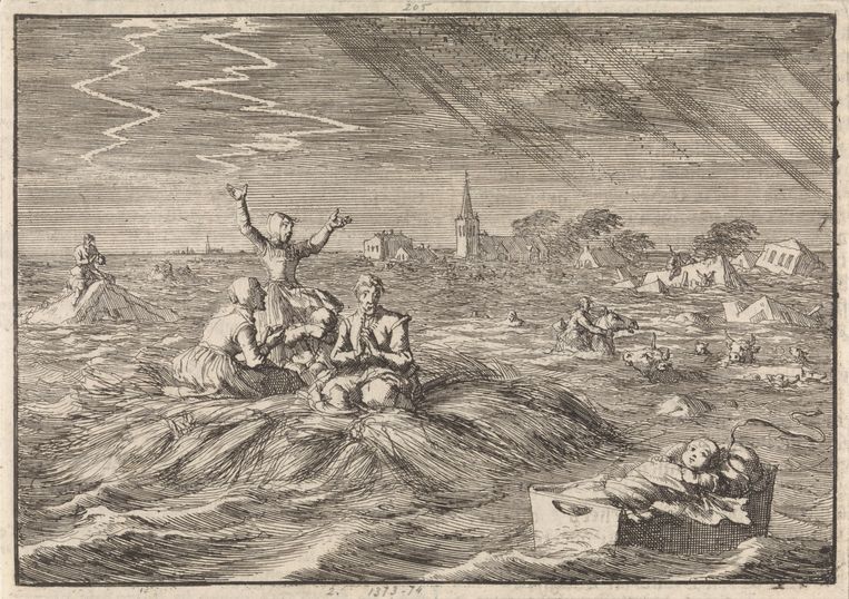 Watersnood in Groningen in 1686. De meeste rampliederen gaan over watersnoodrampen.  Beeld Rijksmuseum
