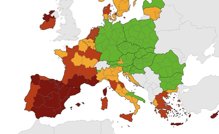 Brussel Kleurt Rood Op Europese Coronakaart Spanje En Zuid Frankrijk Donkerrood De Morgen