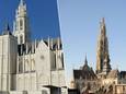 Links: de replica van de kathedraal in de Japanse stad Fukuoka. Rechts: de Onze-Lieve-Vrouwekathedraal in Antwerpen.