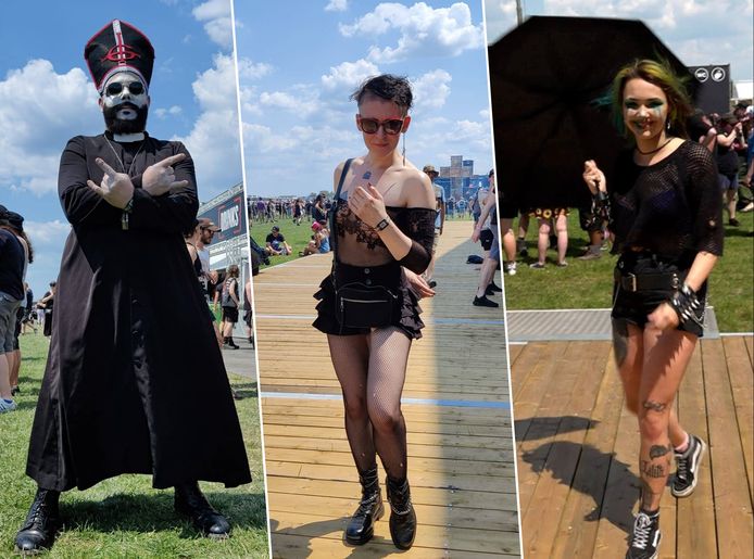 De festivalgangers op Graspop staan traditiegetrouw in het zwart op de weide, maar door de hitte wordt er toch creatief omgegaan met de outfits.