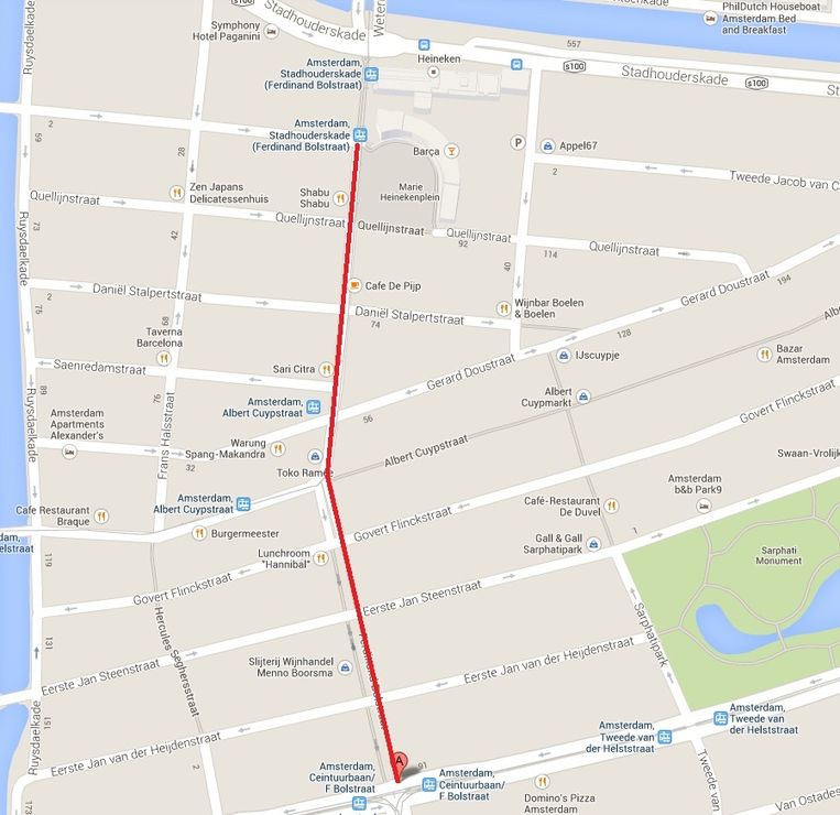Het autovrije gedeelte van de Ferdinand Bolstraat zoals het plan aangeeft. (Het meest zuidelijke gedeelte van de route wordt nu ook niet gebruikt door auto's door de bouw van de Noord/Zuid-lijn) Beeld Google Maps