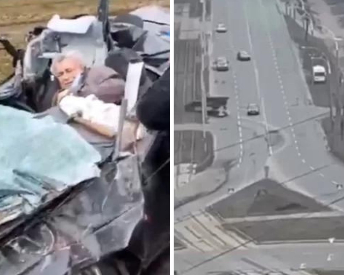 Un homme secouru d'une voiture écrasée par un char russe à Kiev.