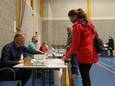 Stembureau in sporthal De Weijer in Mierlo. Erik Dirks (l) en Sjors Quaedflieg helpen inwoners.