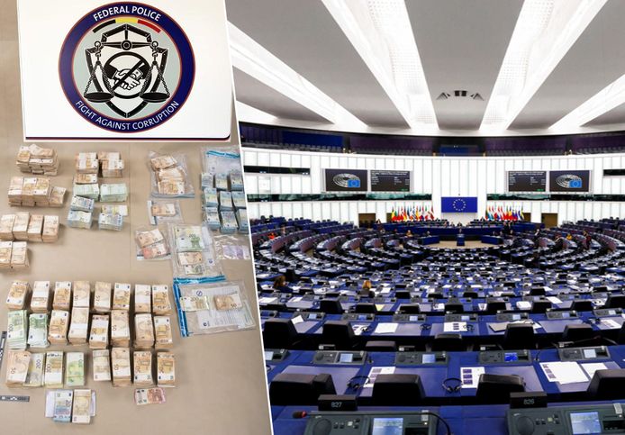Links: het geld dat de federale politie in beslag heeft genomen tijdens het onderzoek naar corruptie in het Europees Parlement. Rechts: de plenaire vergadering van het Europees Parlement in Straatsburg.