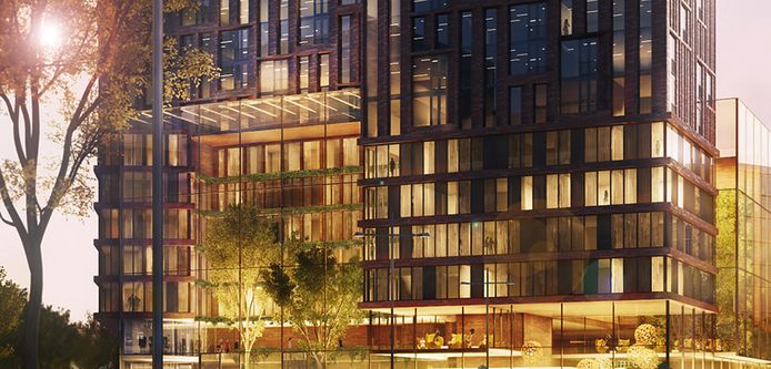De entree van de GalaxyTower gezien vanaf het Jaarbeursplein.