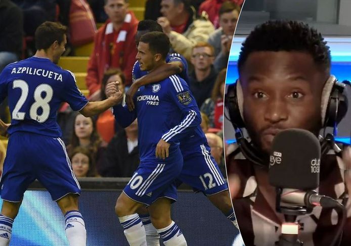 Links: Eden Hazard gevierd door Azpilicueta en Mikel in zijn hoogdagen bij Chelsea, rechts: John Obi Mikel in de podcast 'Dubai Eye'.