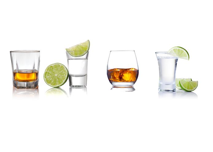 Van links naar rechts: whisky, tequila, rum en gin.