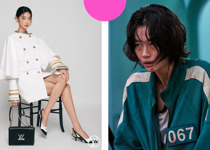HoYeon Jung links afgebeeld in de Louis Vuitton campagne, rechts in de Netflix-serie ‘Squid Game’.