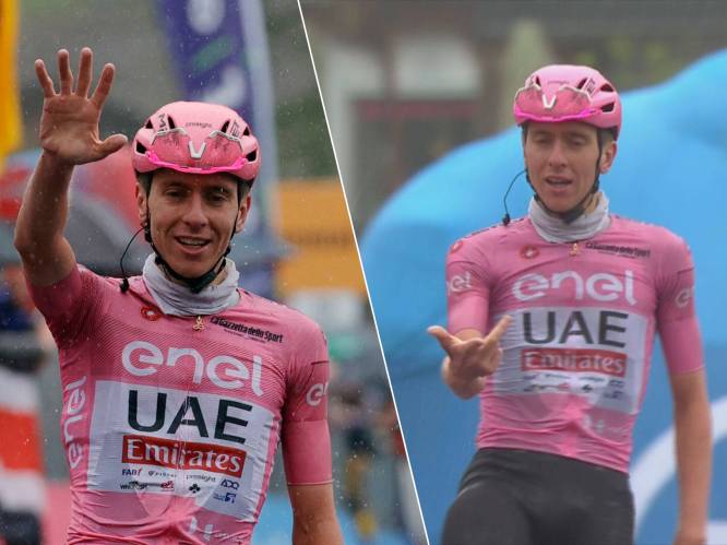 “Eén, twee, drie...”: het opvallende zegegebaar van Pogacar na zijn zoveelste masterclass in de Giro