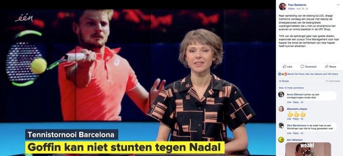 "Naar aanleiding van de staking bij Lidl draagt Catherine vandaag een blouse met daarop de streepjescodes van de belangrijkste voedingsmiddelen die u met uw smartphone kan scannen en bestellen in de VRT Shop. 10% van de opbrengst gaat naar goede doelen, waaronder een cursus Time Management voor haar kapper die enkel de rechterkant van haar kapsel kon afwerken.”