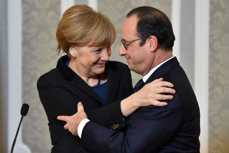 De Duitse bondskanselier Angela Merkel en de Franse president François Hollande. Beeld anp