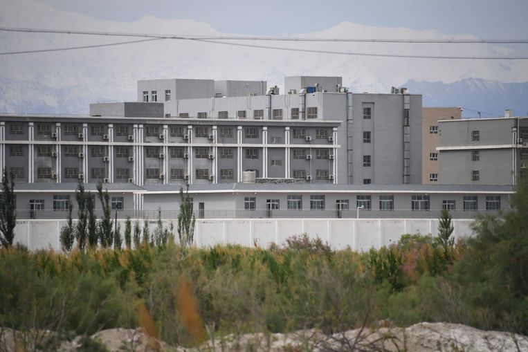 Een gebouw in Xinjiang waarvan wordt vermoed dat er een heropvoedingskamp voor Oeigoeren gevestigd is. Beeld AFP