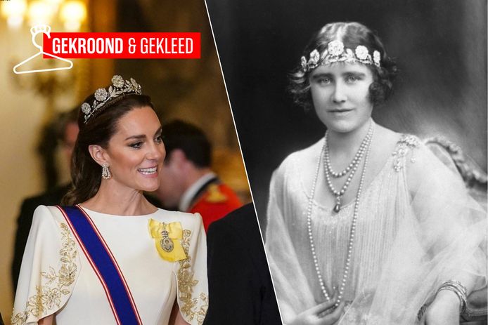 Kate Middleton verscheen op het galadiner ter ere van het staatsbezoek van Zuid-Korea met de ‘Strathmore Rose Tiara’: een prachtige diamanten tiara opgebouwd uit vijf grote diamanten rozen. Het juweel was een cadeau aan de queen mum.