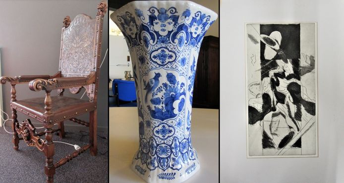 Van links naar rechts: een eikenhouten stoel, mogelijk uit de 17de eeuw, een Delftsblauwe houder uit 1900 en een ets uit 1981 van J.H.L. Hoes.