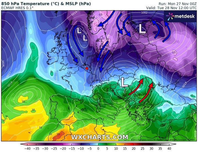 Cold air will move from the north to the northeast on Tuesday.  This is how we also end up in polar air.