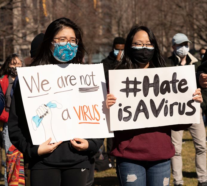 Een demonstratie tegen discriminatie van Aziaten en Amerikanen van Aziatische afkomst in Boston eerder deze week.