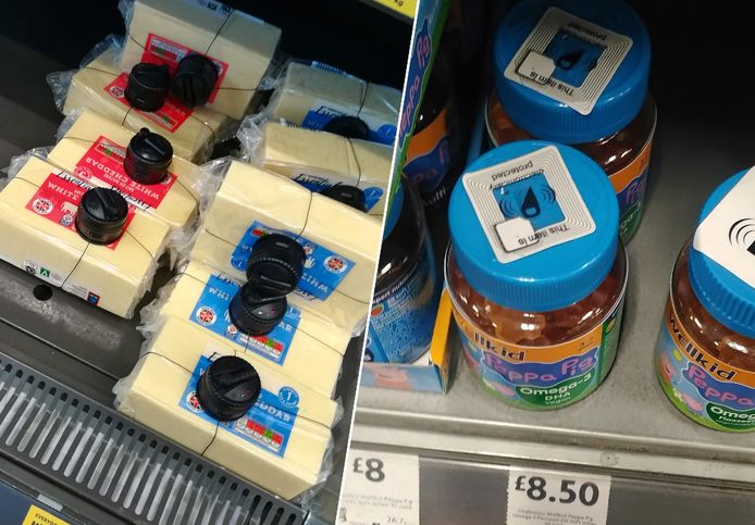 Britten delen op sociale media hoe producten zoals kaas (links) en vitamines (rechts) extra beveiligd worden tegen diefstal.