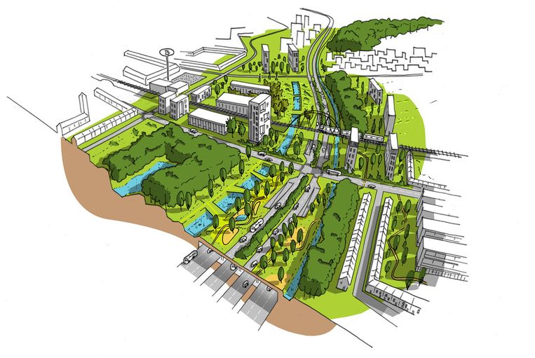 De plannen van het Ringland-collectief voorzien in een overkapping van de Antwerpse Ring en een verschuiving van de Singel. Beeld Ringland