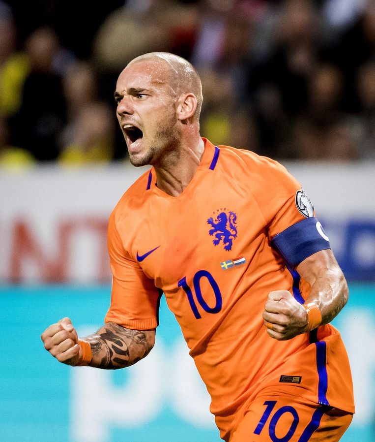 Wesley Sneijder viert zijn 1-1 tegen Zweden. Beeld ANP