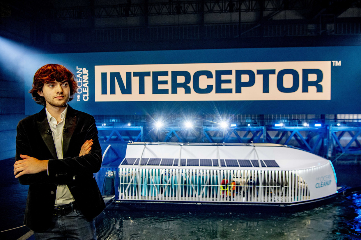 Boyan Slat founder of The Ocean Cleanup during a 2019 presentation of new interception technology.  ANP . image