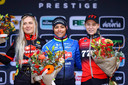 Netherlands' Denise Betsema, Netherlands' Ceylin Del Carmen Alvarado and Netherlands' Inge van der Heijden pose on the podium of the women's race of the Superprestige Merksplas, third stage of the Superprestige cyclocross cycling competition, in Merksplas, on November 19, 2022. (Photo by DAVID PINTENS / various sources / AFP) / Belgium OUT