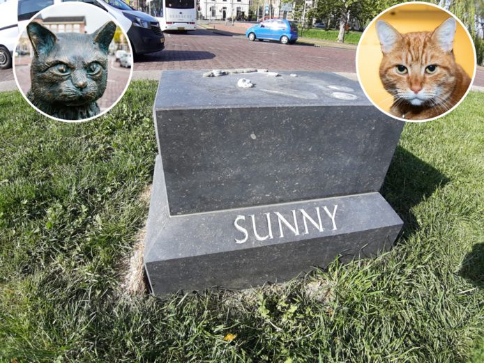 Het beeld van Sunny is van de sokkel verdwenen. Links: Het beeld na plaatsing. Rechts: Sunny zelf