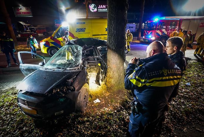 De auto raakte door onbekende oorzaak van de weg en botste tegen een boom op de Mispelhoefstraat in Eindhoven.