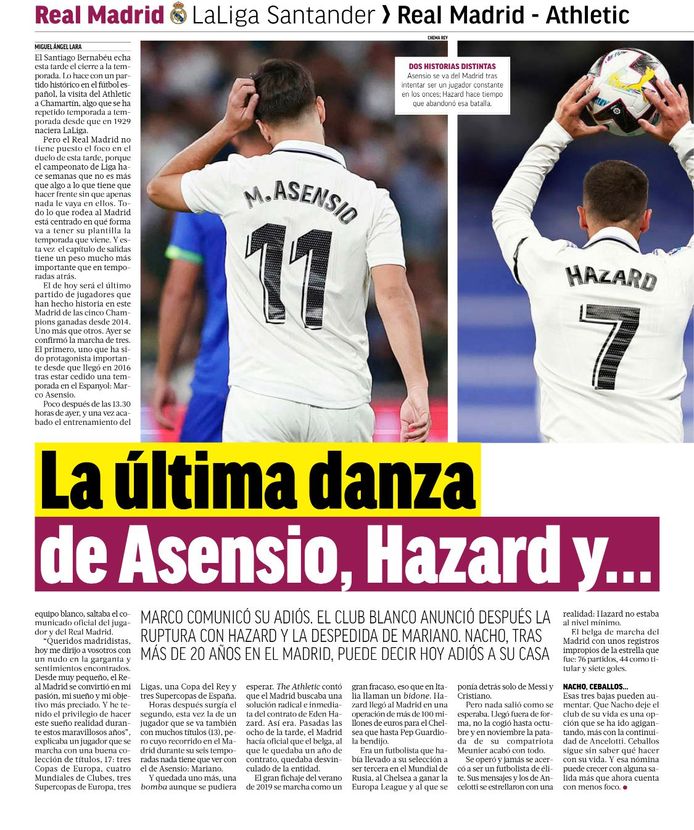 Marca over het afscheid van Asensio en Hazard. De Rode Duivel, duurste aanwinst ooit voor Real, krijgt slechts 1.000 tekens.