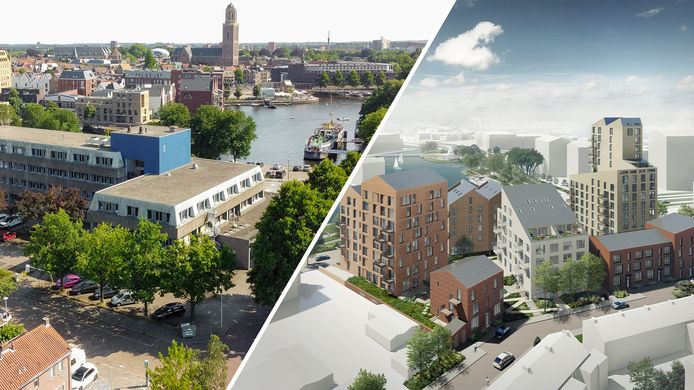 De kantoorpanden (links) aan de Schuttevaerkade maken plaats voor appartementencomplexen (rechts). De hoogte van de nieuwbouw zorgt voor reuring.