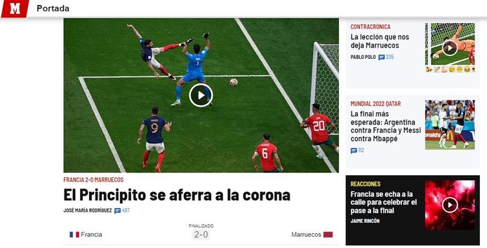Zo zagen de sportpagina's van de website van MARCA er gisteravond uit.