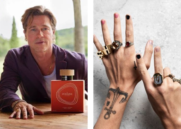 Right: Brad Pitt has also released his own skincare 'La Domaine' for men.  Left: Harry Styles' nail polish, under his beauty brand 'Pleasing'.